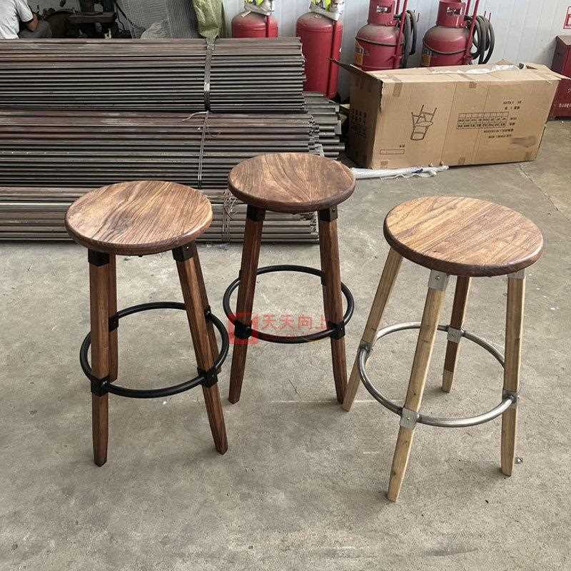 四脚美式吧台椅榆木酒吧椅子带圆圈搁脚圆形高脚凳实木吧凳