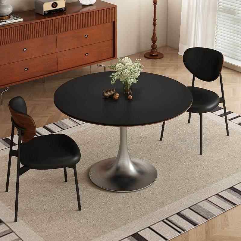 岩板圆桌郁金香圆形餐桌饭桌家用不锈钢小户型中古风洽谈桌椅组合