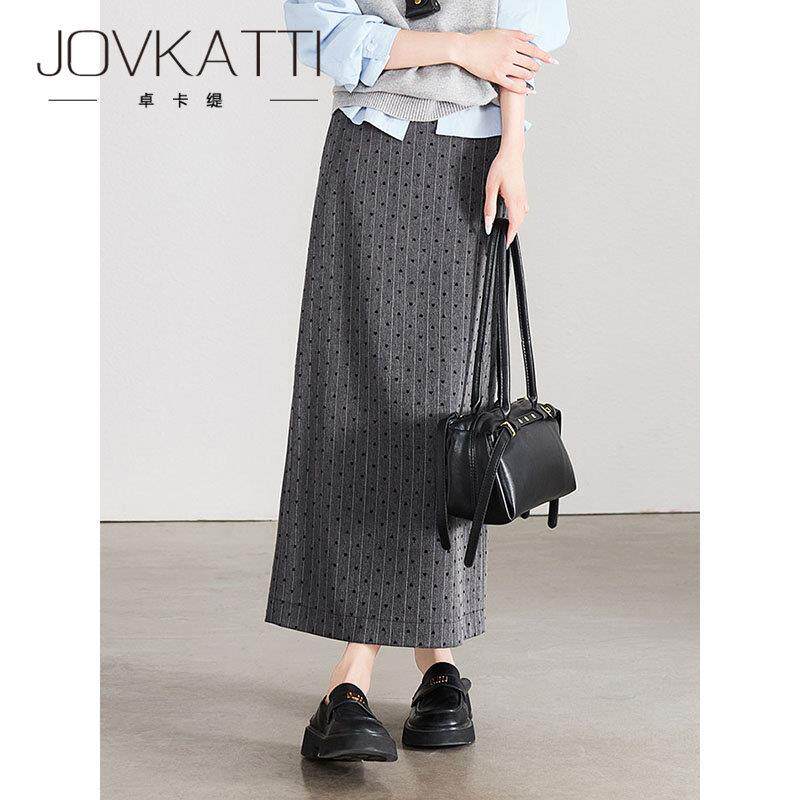 JOVKATTI春季新款通勤高腰波点半身裙灰色显瘦百搭气质开叉半长裙