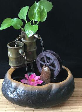 陶瓷风水轮流水摆件办公室店铺招财桌面小型水车循环水鱼缸