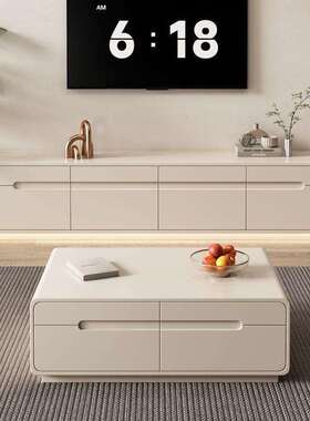 双层85652爆木电视柜茶几组合落地客厅欧白色轻奢家用北极简实大