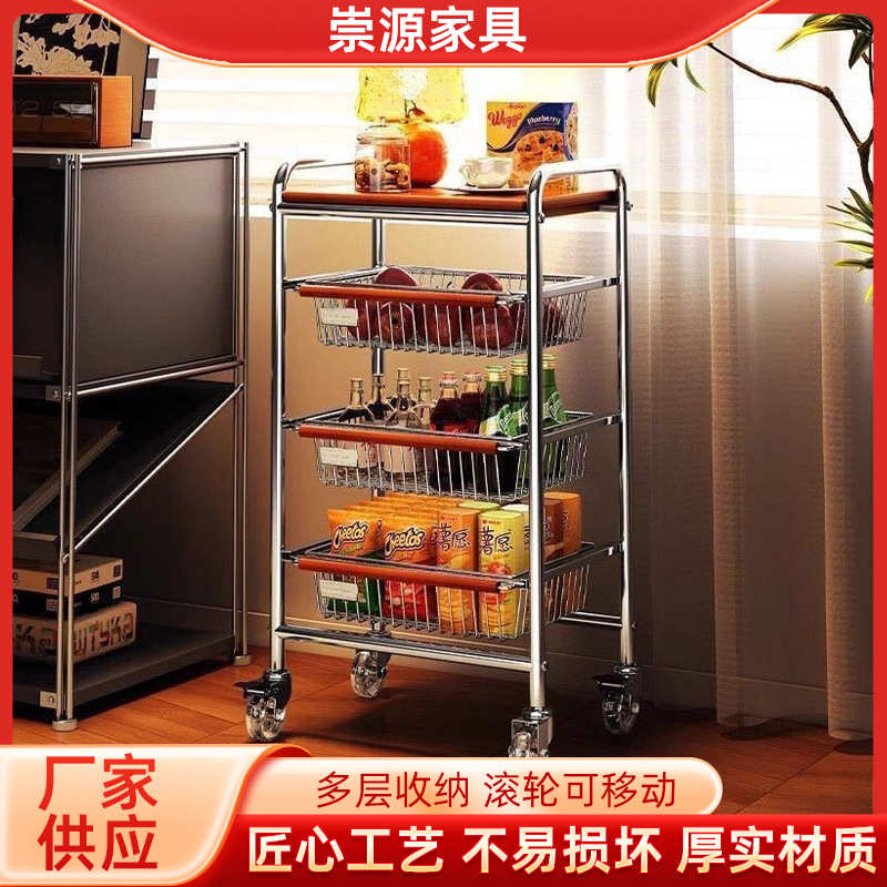 中古风零食置物架小推车收纳架客厅多层零食架子可移动厨房收纳架