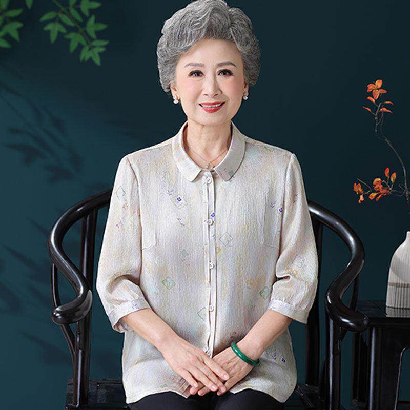 【桑蚕丝100%】大码中老年奶奶夏装桑蚕丝衬衫女重磅真丝上衣套装