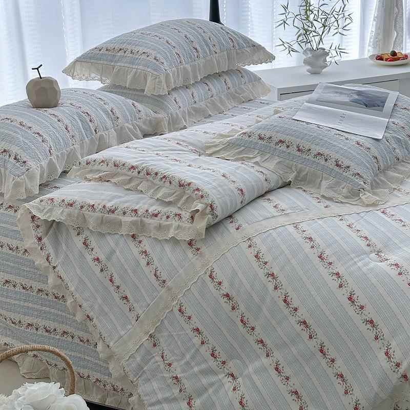 法式棉复古花床盖三件套炕盖件全套四AAI季夹棉单纯棉春秋被边1床