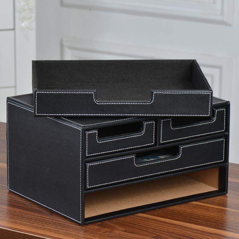 高档皮革办公桌面文件柜 三层文件收纳整理盒 皮质杂物收纳抽屉盒