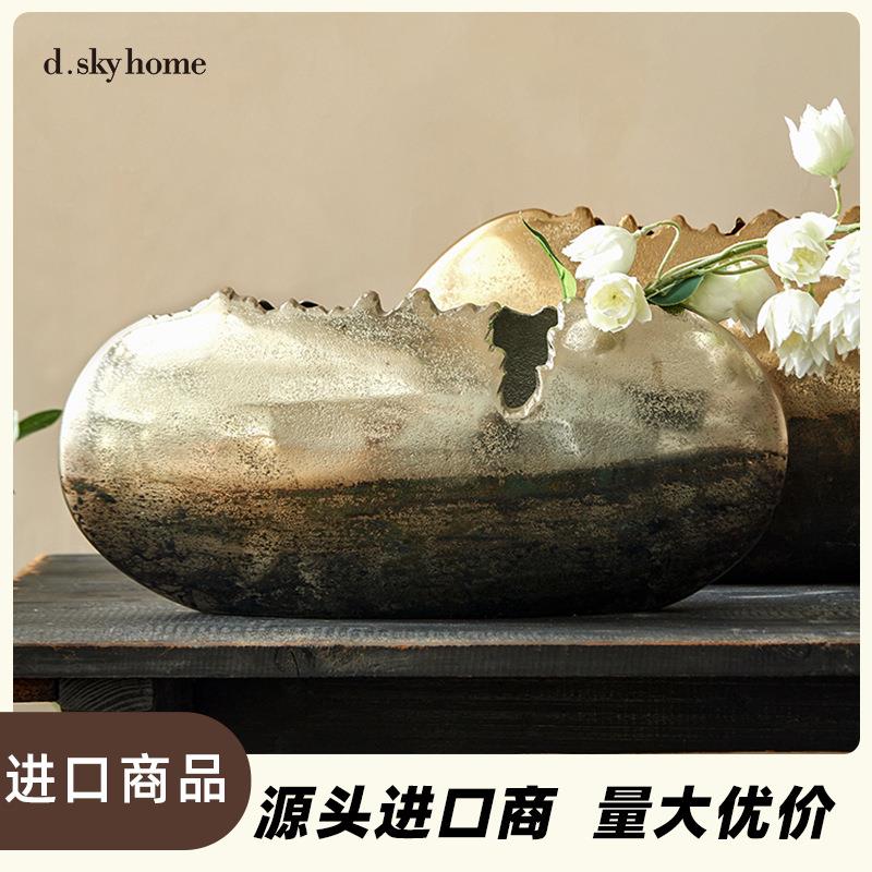 迪斯凯 进口金色银色博物馆风水墨感扁型花器果盘家居客厅摆件