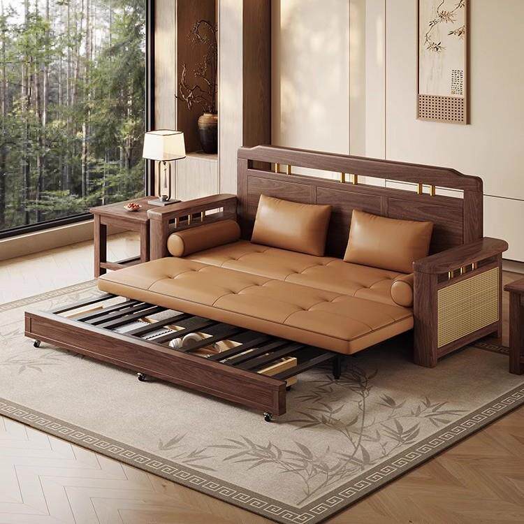黑胡桃实木沙发床折叠两用客厅单人双人小户型多功能储物可伸缩床