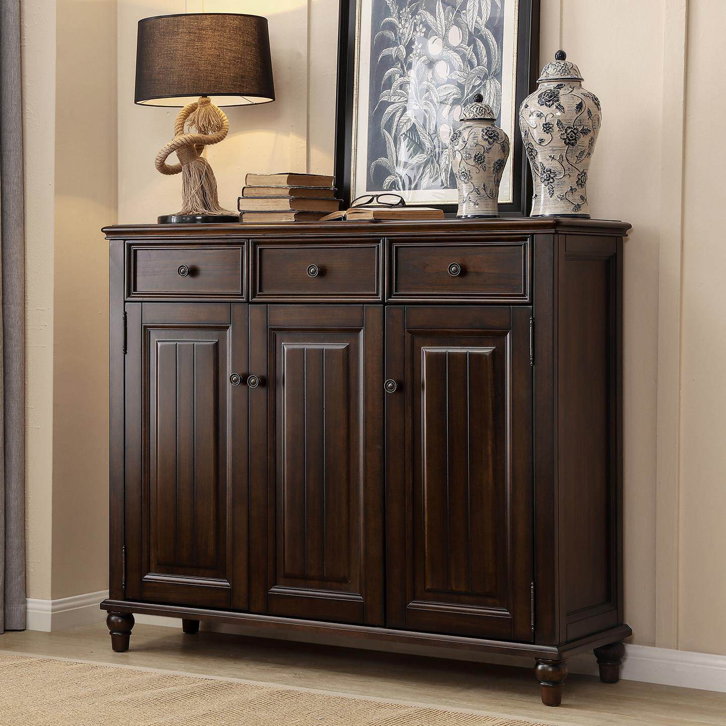 美式乡村实木鞋柜三门玄关柜门厅柜入户柜覆古收纳柜黑胡桃色实木