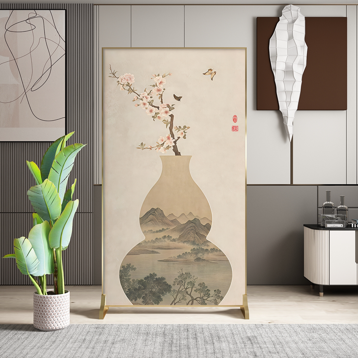 简约现代轻奢铝合金客厅遮挡移动屏风隔断墙酒店入户玄关实木座屏