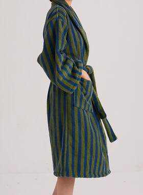男女士复古琪盘格子32支长绒棉浴袍 竖条纹毛巾料家居服舒适