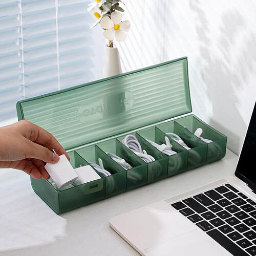 Lidded Data Cable Storage Box Desktop Organizer with Compart