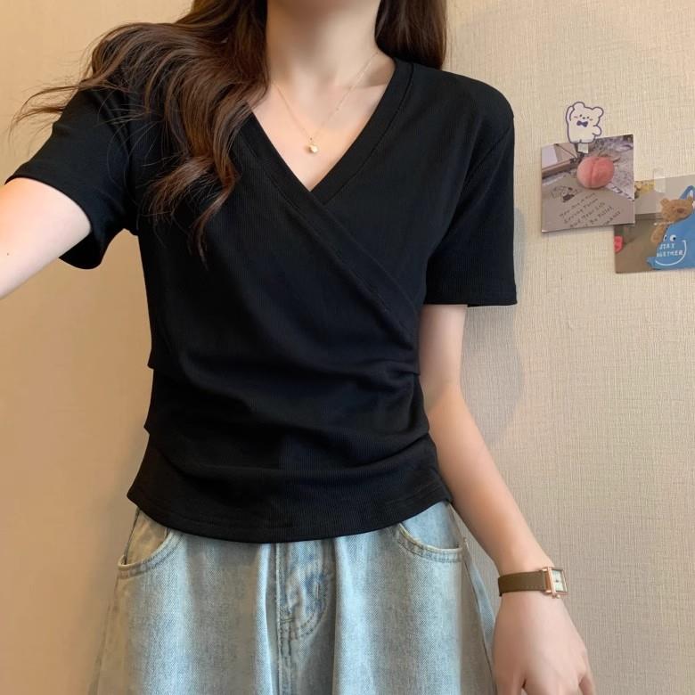 2025夏季新款爆款正肩小个子短袖t恤女设计感小众显瘦v领交叉上衣