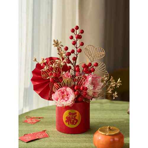 喜庆彷真花假花客厅餐桌装饰插花束装饰品发财果新年福字福桶摆件