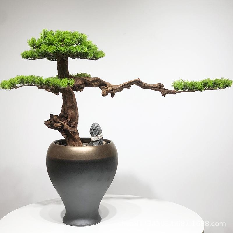 仿真迎客松盆景日式禅意玄关绿植茶室酒店样板间新中式端景台摆件