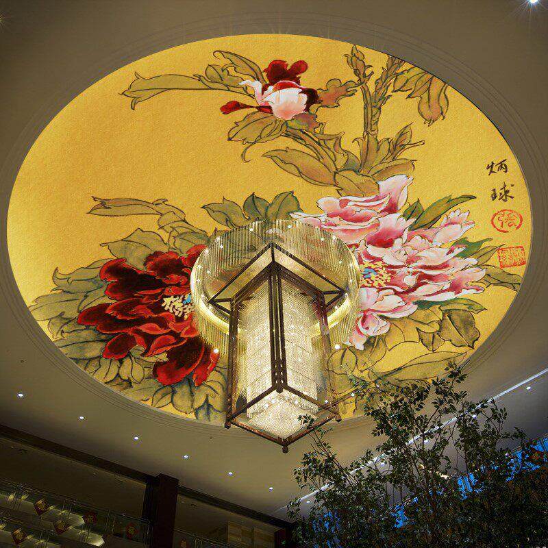 中国牡丹天花板壁纸墙贴纸个性化天花板圆灯池不干胶壁画盛开丰富