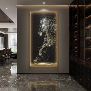 玄关装饰画LED灯画骏马抽象现代轻奢高级感竖版客厅入户进门挂画