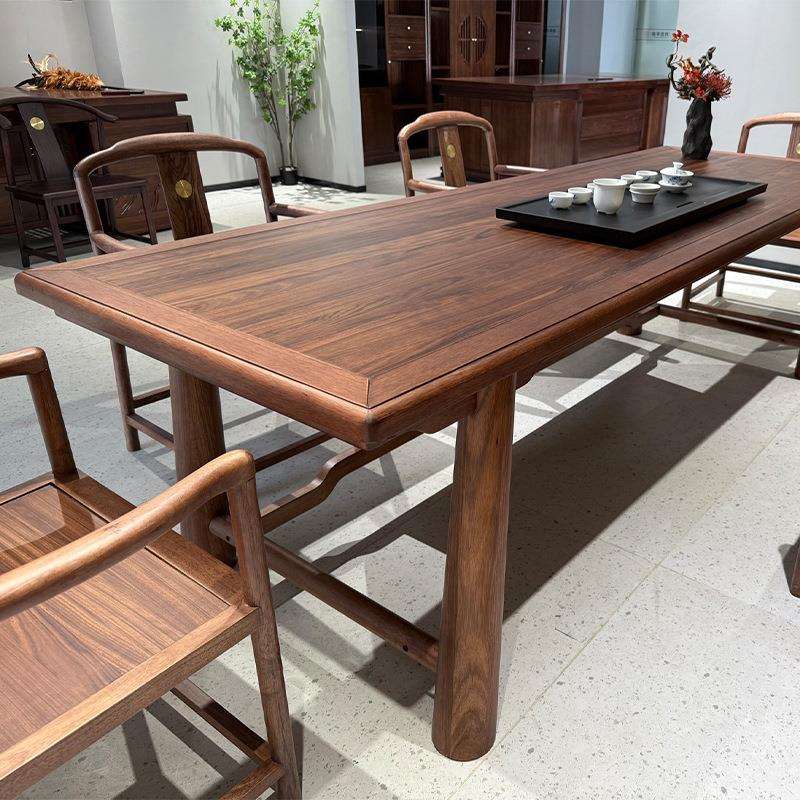 新中式茶桌椅组合乌金木全实木茶台一桌六椅家用功夫泡茶几餐桌