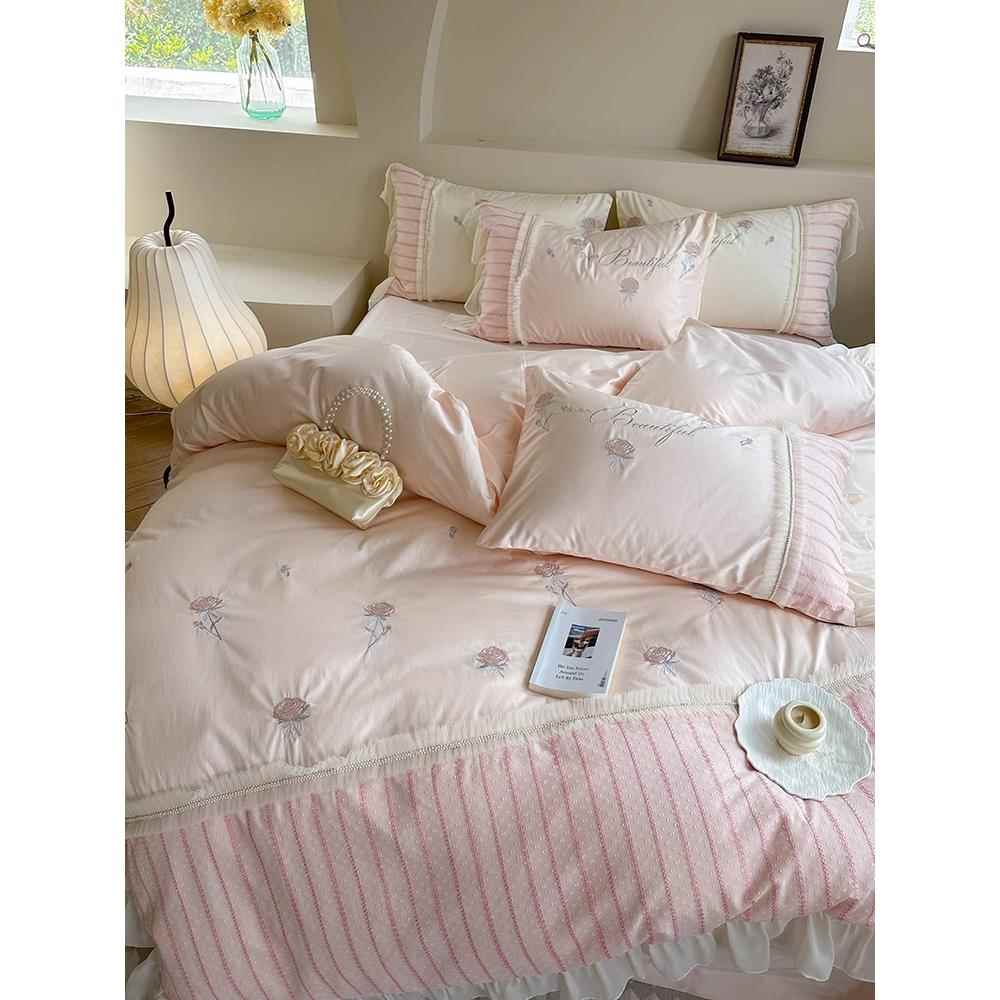 少女心纯100棉S高支密长绒棉四件套刺雪纺绣棉花边被YLS-202套全