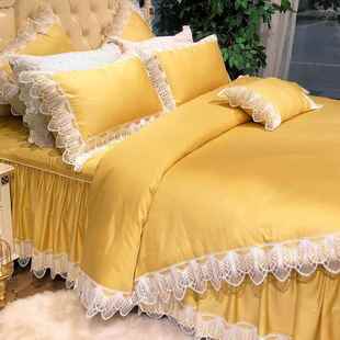 正品 公主用风纯棉床裙床套上 长60支全棉纯色蕾丝绒棉四件轻奢法式