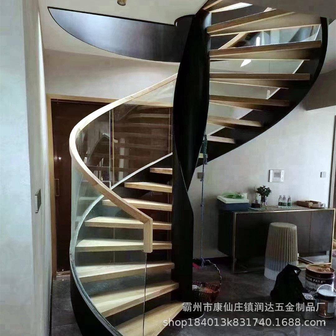 加工定制复式别墅跃层弧形旋转楼梯扶手护栏现简约钢板结构