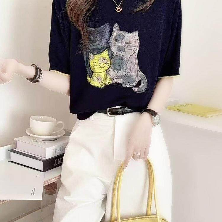 ROUJE ESVIP2026新款卡通猫咪短袖T恤女宽松圆领显白气质薄款上衣