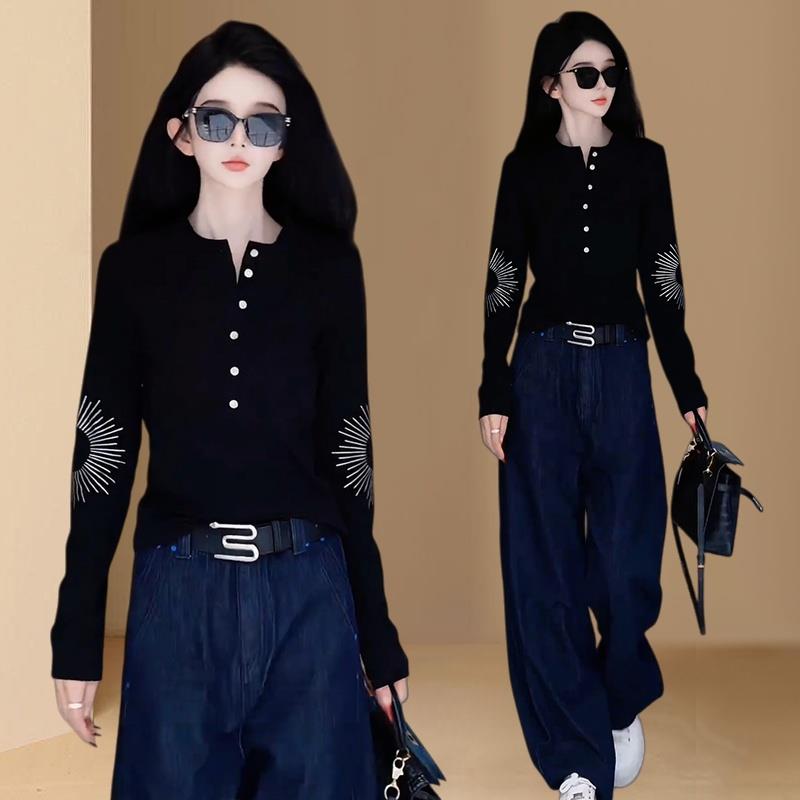 ROUMIKL时尚韩版长袖t恤女2025年秋冬新款修身百搭宽松通勤风上衣