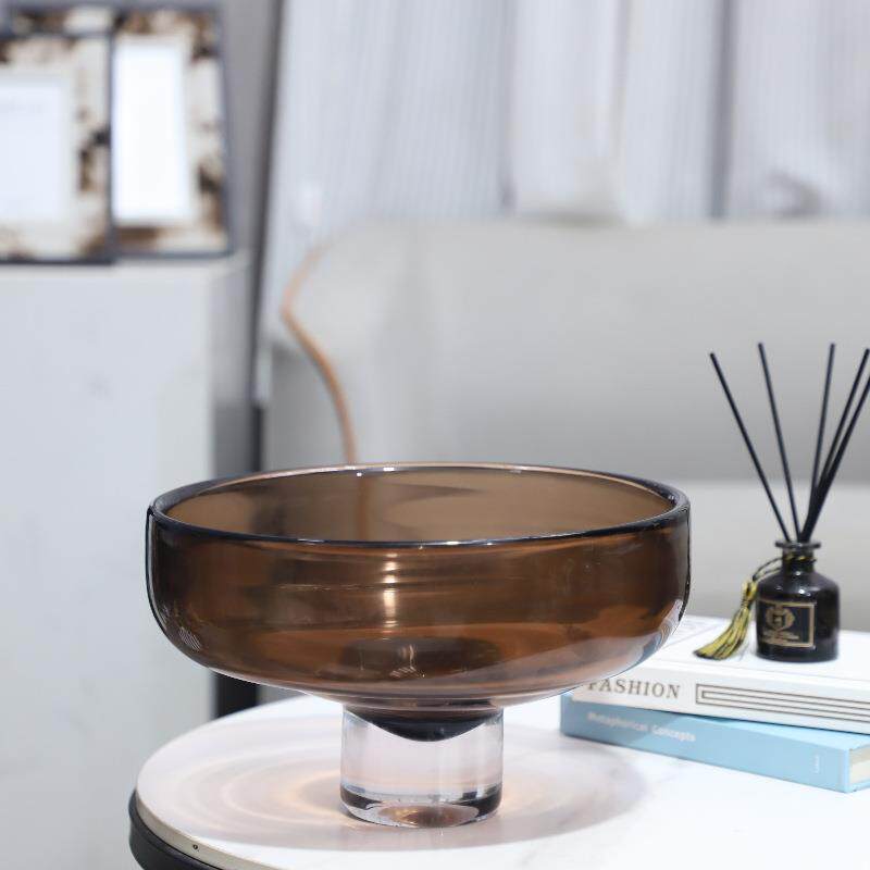 欧式轻奢高端手工琉璃高脚圆形果盘装饰托盘摆件电视柜家居装饰品