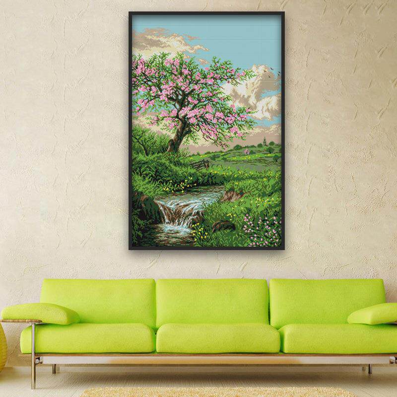 欢乐99小幅风景坚款花草卧室十字绣春天桃花开山水画十字绣图