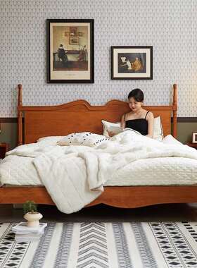 樱桃木小户型法式复古主卧全实木双人床1米8民宿简约中古原木矮床