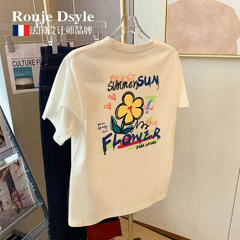 法国Rouje Dsyle卡通印花短袖t恤女夏款白色纯棉正肩宽松半袖上衣