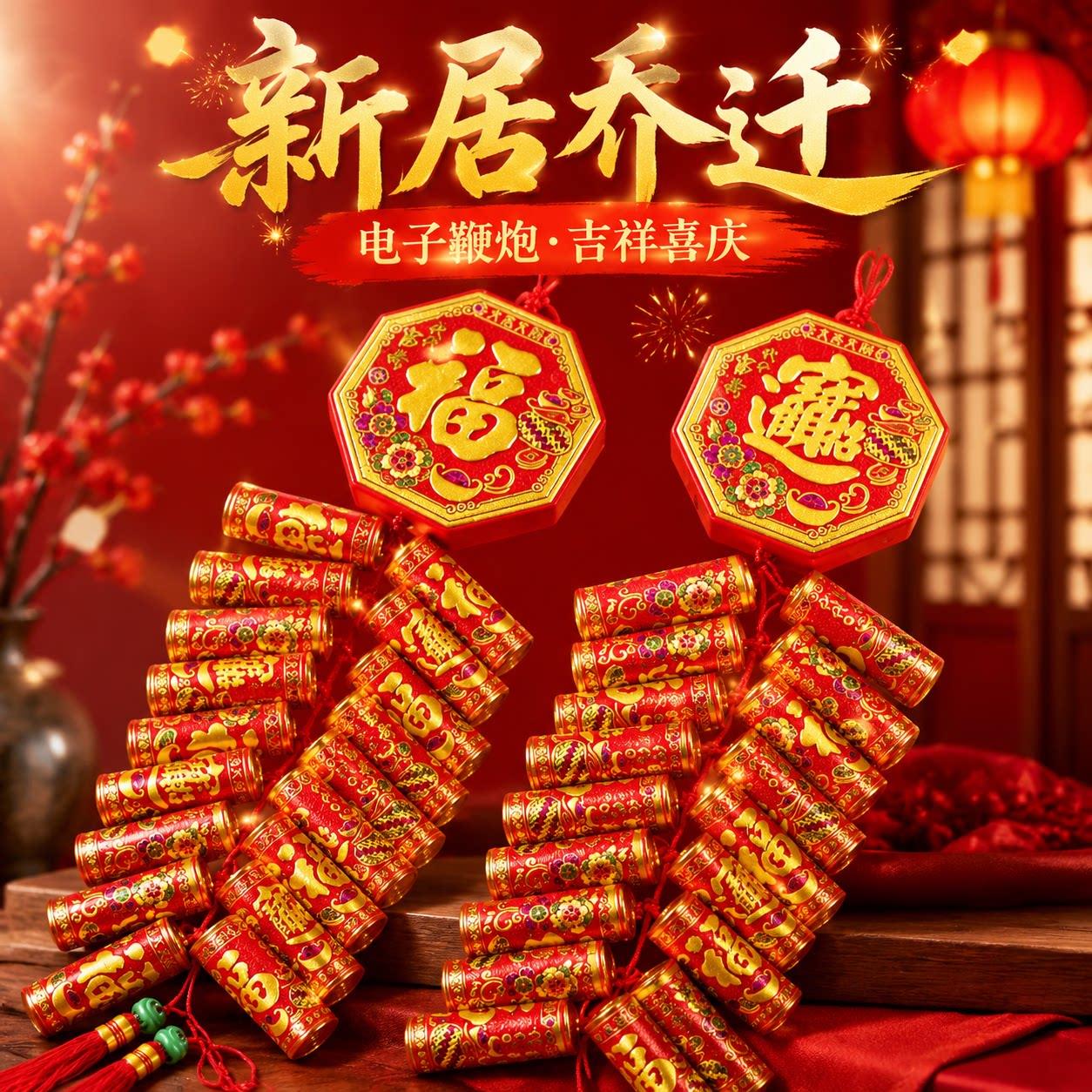新居乔迁电子鞭炮结婚电子仿真爆竹家用新年装饰挂件炮仗挂串道具