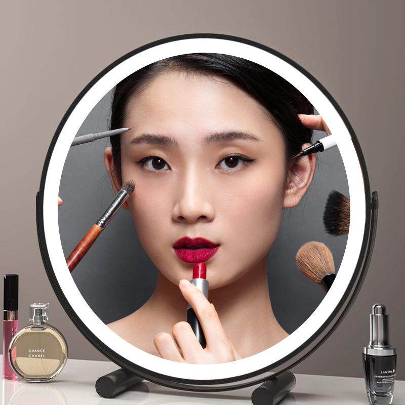 台式360度旋转化妆镜女生房间led带灯高清圆形智能插电化妆补光镜