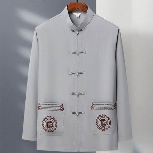 正品唐装男中老年人爸爷爸装春秋袖两件式套装太极服爷式冰丝新中