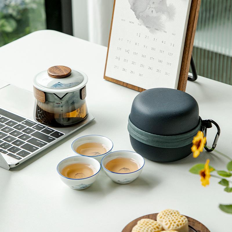便捷式玻璃旅行茶具套装小套户外随身露营喝茶装备快客杯一壶三杯