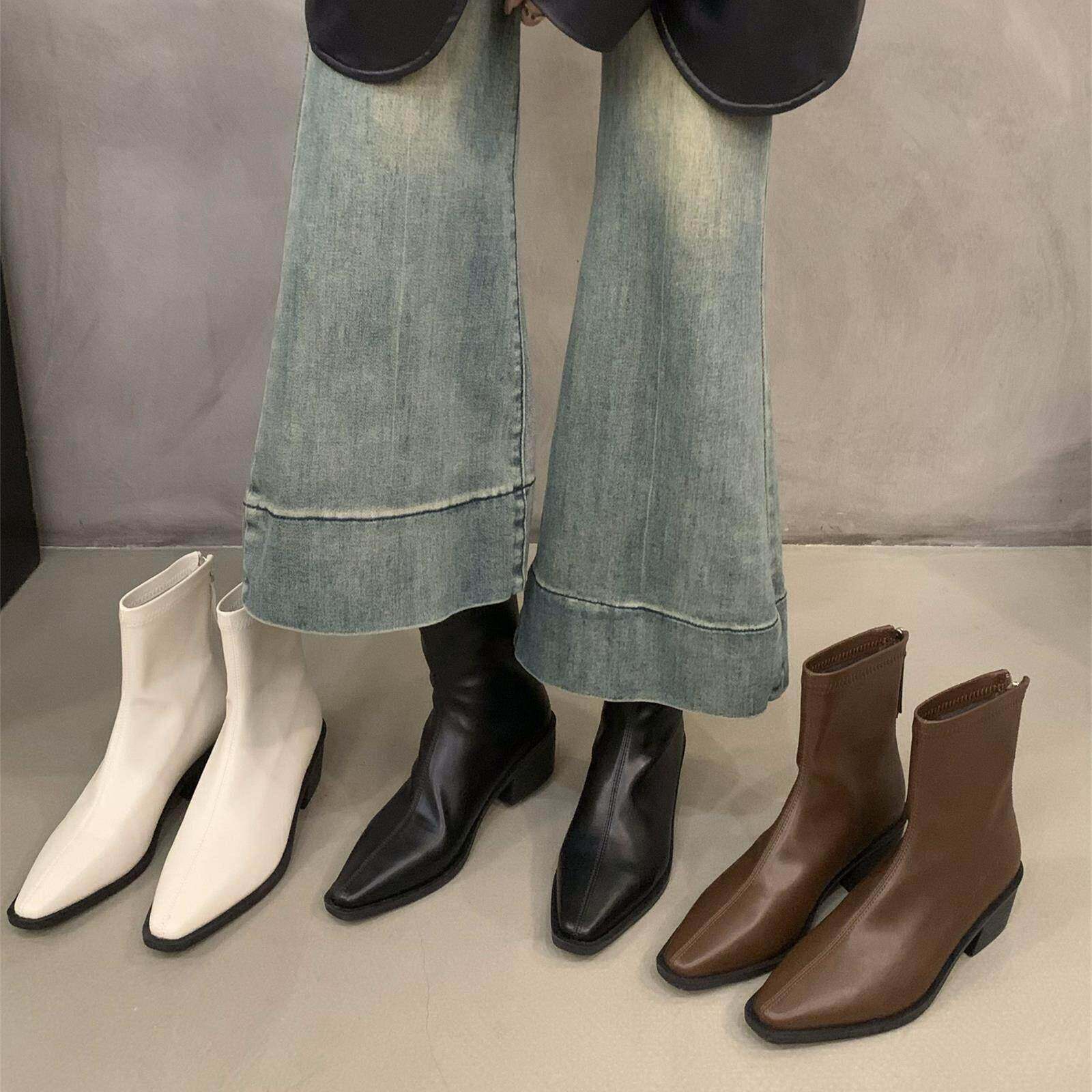 香港粗跟白色韩系尖头小踝靴女鞋2025新款夏季软皮瘦瘦靴小短靴子