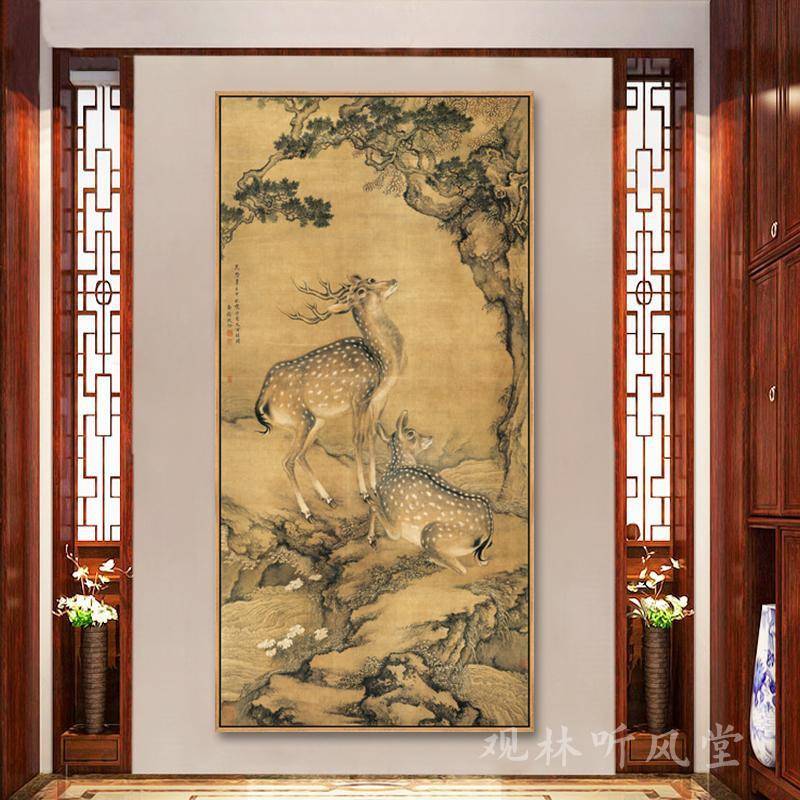 松鹤延年客厅挂画仙鹤鹿百禄图国画复古风进门玄关画老人房装饰画