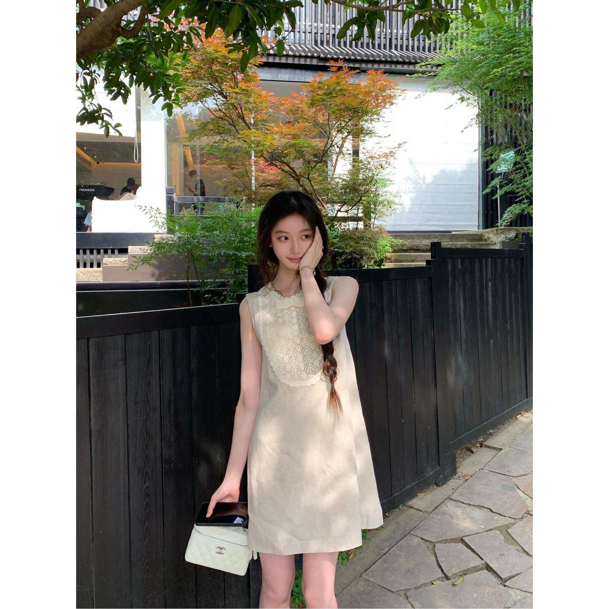 tootoo老钱风亚麻洋装夏季新款轻松休闲背心裙镂空钩花宽松短裙