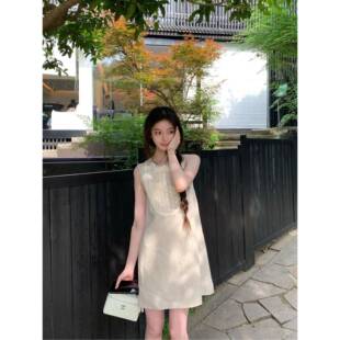 tootoo老钱风亚麻洋装夏季新款轻松休闲背心裙镂空钩花宽松短裙