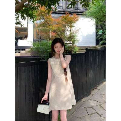tootoo老钱风亚麻洋装夏季新款轻松休闲背心裙镂空钩花宽松短裙