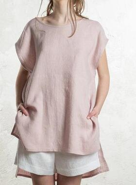Women's cotton and linen top with short front and long