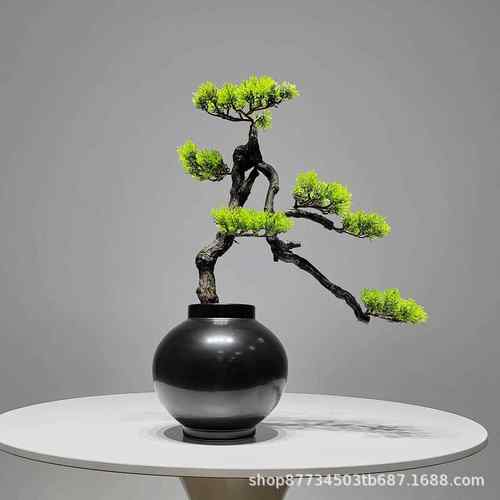 新中式仿真迎客松假树盆景室内绿植盆景样板房客厅售楼部茶几装饰