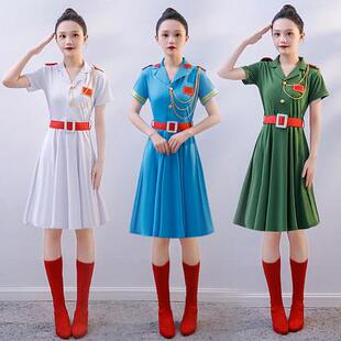 成人舞蹈服演出服女兵服短袖连衣裙军装女款迷彩裙舞台装广场舞服