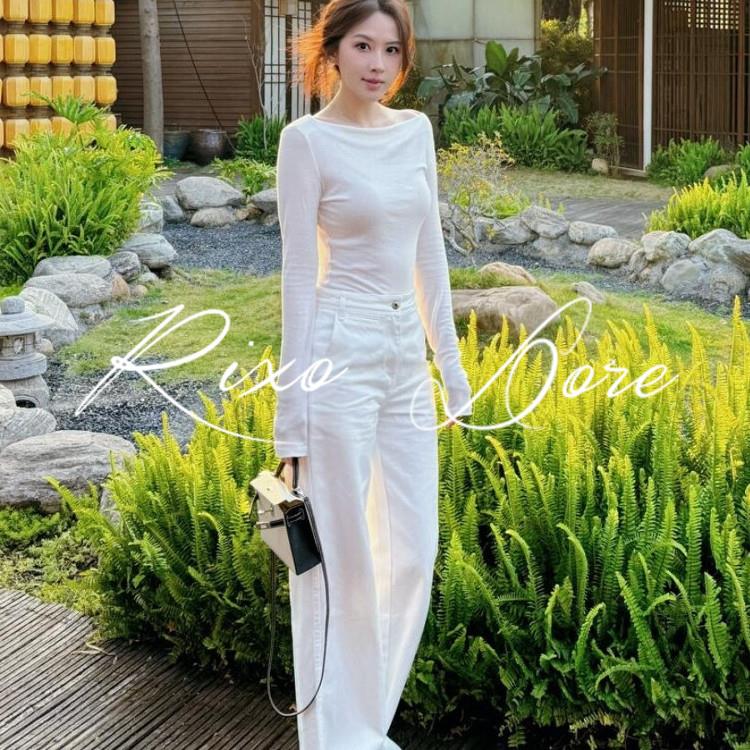 RIXO DORE法式白色薄款长袖上衣女新款小个子阔腿裤打底衫两件套