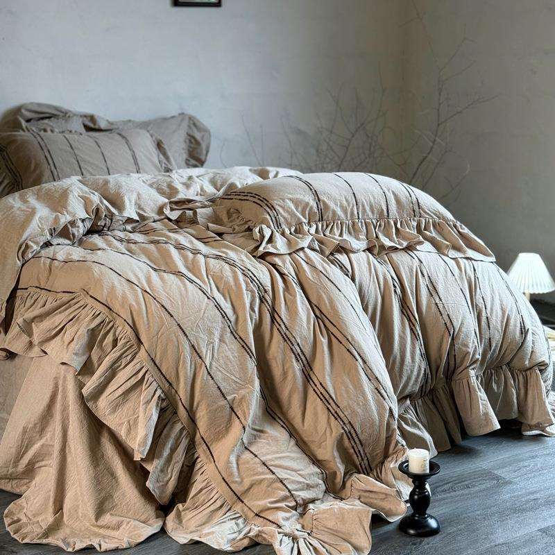 法式复古全棉色织水洗棉床上四件套韩式荷叶花边纯棉被套床单床品