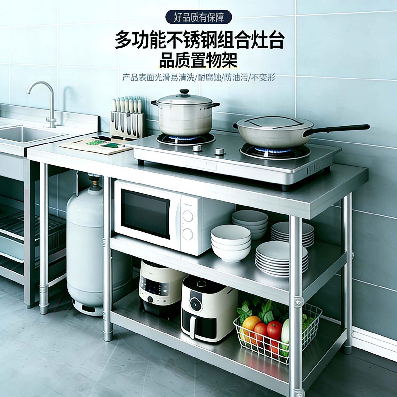 加厚304不锈钢厨房工作台置物架商用煤气罐燃气灶台组合收纳架图片