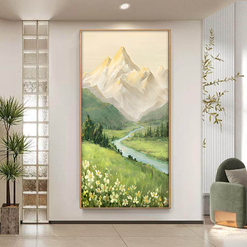 日照金山入户玄关装饰画山水风景挂画客厅走廊尽头正对门壁画竖版