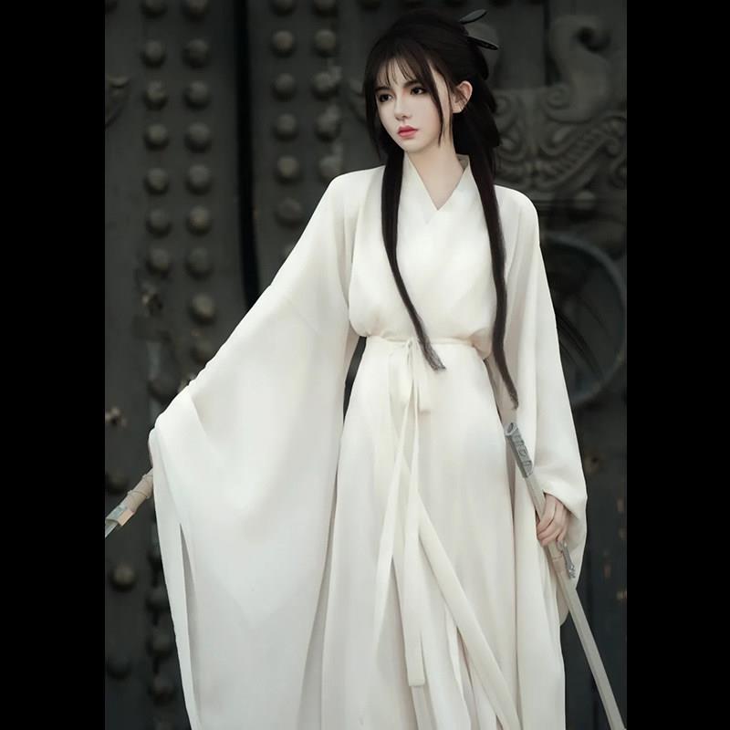 魏晋风汉服女款白色交领大袖齐腰超仙气飘飘清冷感武侠风古风古装图片