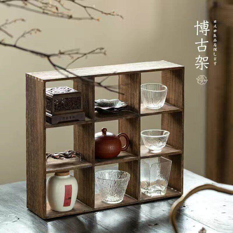 茶杯收纳层架实木子茶壶架多宝格茶具博古架手工九宫格架六宫格茶