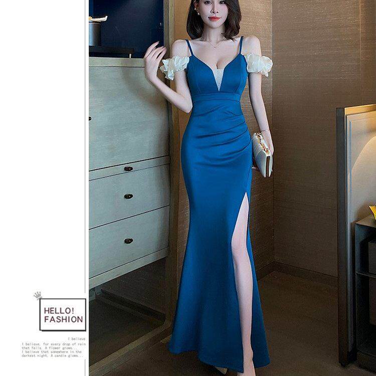 性感连衣裙女新款夜总店一字肩气质显瘦晚礼服足浴技师工作服长款