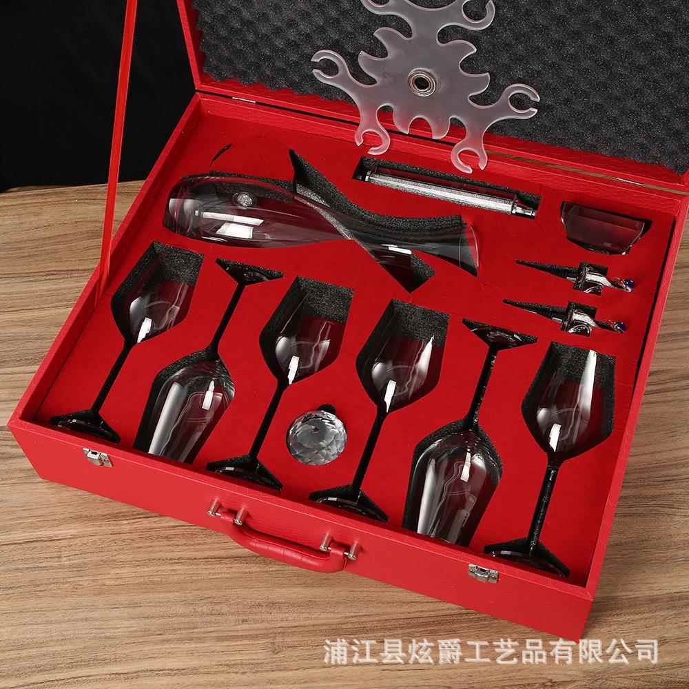 豪华水晶红酒杯葡萄酒杯架子婚庆礼品高脚杯酒塞醒酒器皮箱十件套